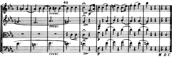 Ex. 2: J. Haydn, minuet del Quartet op. 20 n. 1, cc. 57-66.