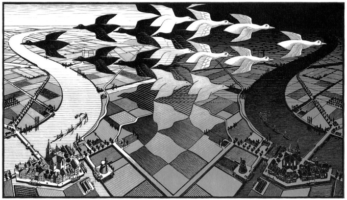 Grabado del artista neerlandés M. C. Escher titulado Día y Noche
