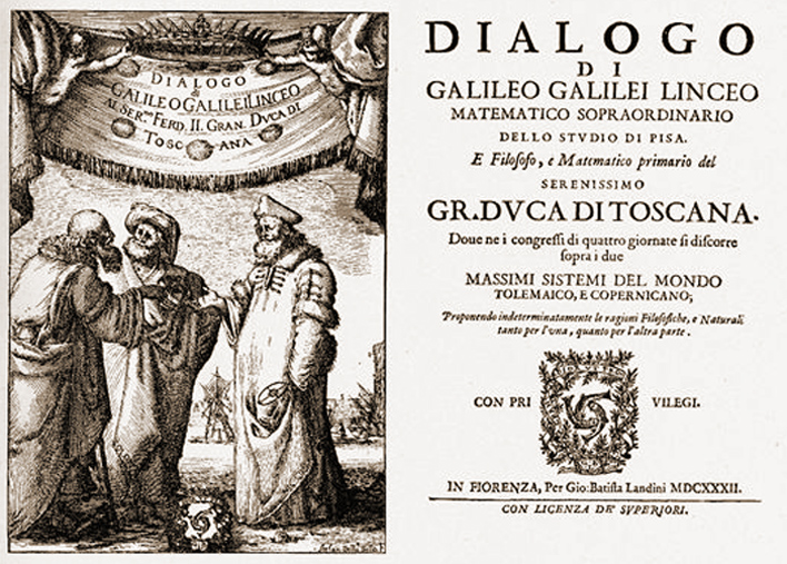 Portada ilustrada de Dialogo dei massimi sistemi de Galileo Galilei